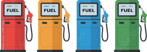 Gas station pump, illustration, clean vector artwork of fuel dispenser with nozzle showing petrol station service energy supply and modern transportation concept.