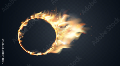 Fire circle with glowing ring, flame trail, sparks and dark transparent center. Abstract overlay, banner and game effect with fire circle, vector illustration.