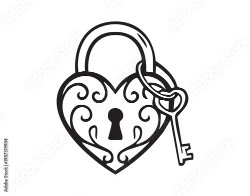 Romantic lock symbol. Stylish monochrome heart shaped padlock with intricate filigree detail. Charming vintageinspired heart lock featuring detailed filigree and classic aesthetic elements