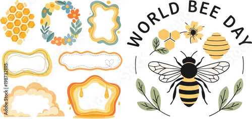World Bee Day Graphic Elements Set with Honeycomb, Floral Frames, and Cute Honey Bee Illustration for Spring Celebration