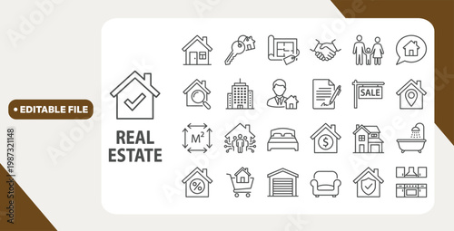 Real estate line icon set. Editable Stroke. House, realtor, deal, for sale, purchase, renting, home loan, property - stock vector.