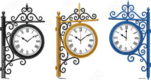Vintage Street Clock Vector Set with Decorative Wall-Mounted Clocks in Black, Gold, and Blue for Public Space, Urban Design, and Timeless Style