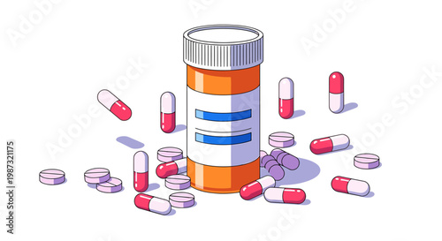 Colorful illustration of scattered pills and open medicine bottle on white background