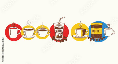 Colorful illustrations of various coffee cups and coffee drinks on circles