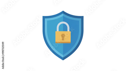 A blue shield with a gold padlock on a white background