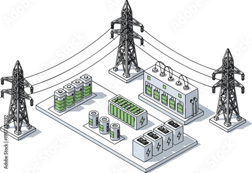 Isometric Battery Energy Storage System (BESS) and Power Grid Infrastructure with High Voltage Transmission Towers and Transformers