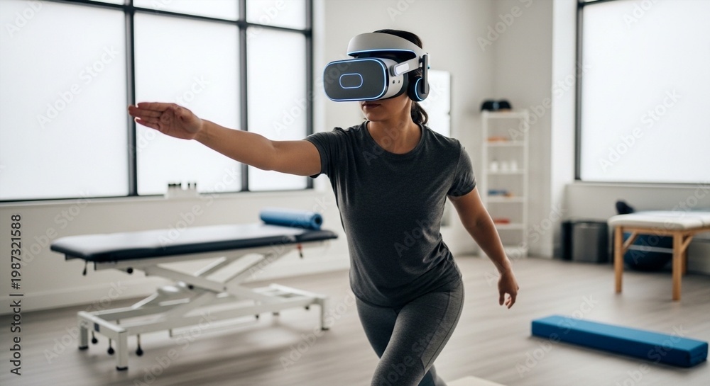 Fototapeta premium Woman exercising using virtual reality headset and technology in a physical therapy clinic setting