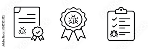 Pest control and extermination service line icons set featuring pest free certificate verified bug protection ribbon and service checklist on clipboard Vector Illustration with editable stroke