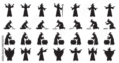 Witchcraft Ritual Scenes Silhouettes Set Pack Editable Vector Stroke Illustration. featuring more wizard, silhouette, magic, sorcerer, vector, collection, illustration, cauldron, potion silhouettes.