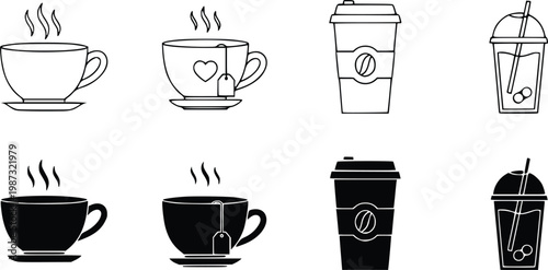 Set of eight black and white featuring coffee cups, tea mugs, and bubble tea drink cups
