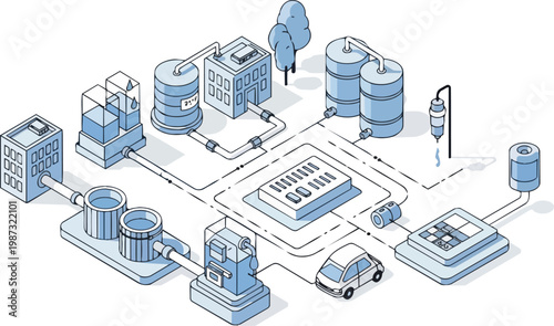 Isometric Water Treatment Plant and Purification System Infrastructure Line Art Illustration