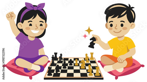 Children playing chess game with excitement and winning gesture.