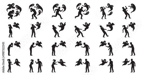 Ghost Interaction with Humans Silhouettes Set Pack Editable Vector Stroke Illustration. featuring more  ghost, spooky, halloween, scary, fear, fright, spirit, phantom, silhouette, vector silhouettes.