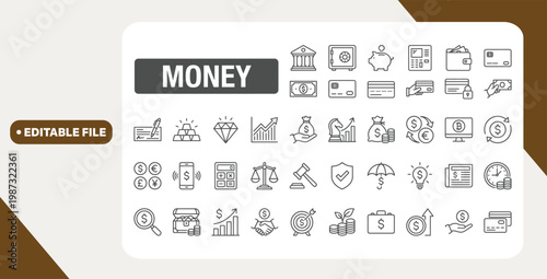 Money line icons set. Money payments elements outline icons collection. Payments elements symbols. Currency, money, bank, check, law, payment, wallet, piggy, balance, safe - stock vector.