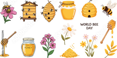 World Bee Day Illustration Set with Honey Jars, Beehives, Flowers, and Cute Honey Bees for Nature and Environment Conservation Concept