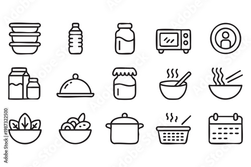 Food delivery and takeaway icons, container meal kitchen line symbols