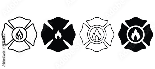 firefighter maltese cross flame badge icon set