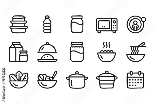 Kitchen food storage icons, jar bottle bowl meal preparation symbols