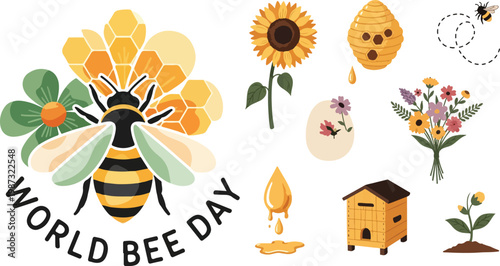 World Bee Day Vector Illustration Set with Honeycomb, Flowers, and Beehive Elements for Environmental Conservation and Spring Season Branding