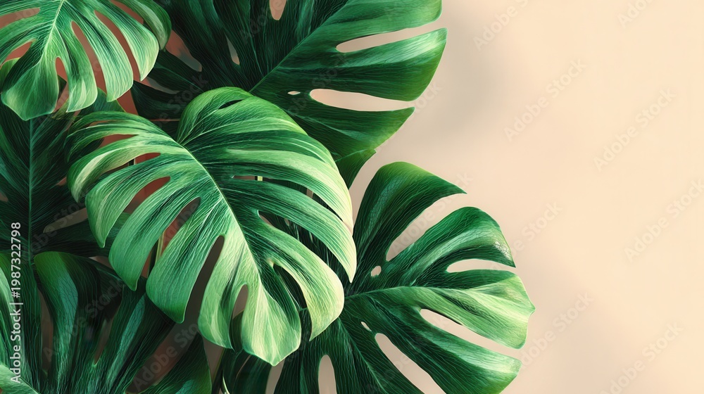 Fototapeta premium group of monstera leaves overlapping, isolated composition, tropical decoration concept, clean and modern botanical arrangement