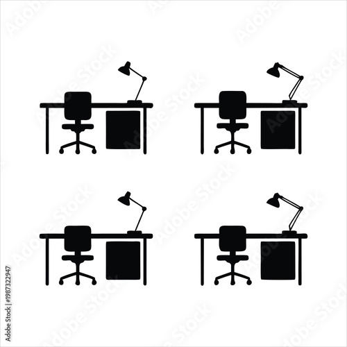 A minimalist office setup with four identical desks and chairs