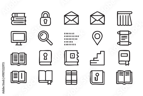 UI navigation icon set, document email lock app interface elements