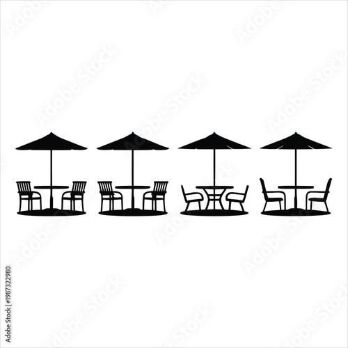 A row of outdoor tables and chairs with umbrellas on a white background