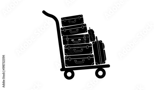 Luggage cart with stacked suitcases silhouette black vector travel baggage transport illustration