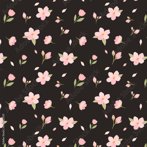 Seamless Sakura Floral Pattern with Pink Flowers on Dark Background