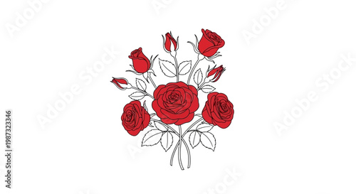 A beautiful bouquet of red roses with green leaves and buds.