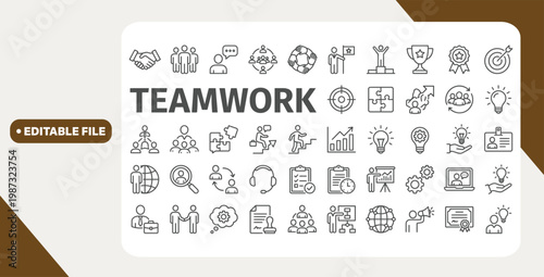 Business teamwork icons set. Contains such icons as business people, idea, presentation, goal, reward, delegation and others. Work group. Outline icons collection. Line style - stock vector.