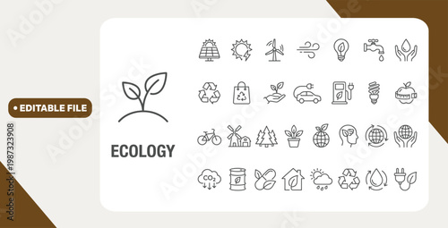 Ecology line icon set. Recycle, solar power, eco, nature, eco farming, green, environment, bio energy, clear water - stock vector. 