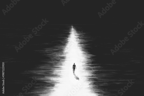 Illustration of Solitary Figure on Night Beach Between Two Seas – Abstract Monochrome Scene