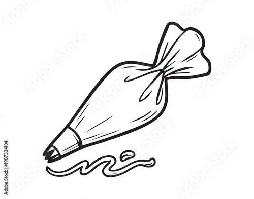 Artistic illustration of dessert decorating process. Line drawing depicting frosting being piped onto cake. Visual representation of bakery work involving piping and decorating cakes with cream