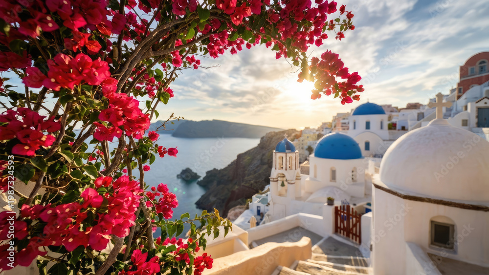 Fototapeta premium Santorini Greece white buildings with blue domes overlooking the sea