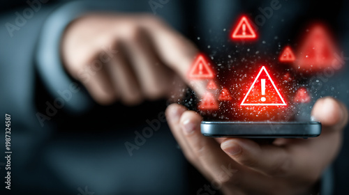 Hand holding smartphone with glowing warning icons and alert symbols. Concept of cybersecurity threat detection, mobile security notification, data breach warning, and digital risk management.