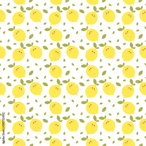 Playful lemon fruit repeat pattern with cute characters and leaves, modern flat vector background