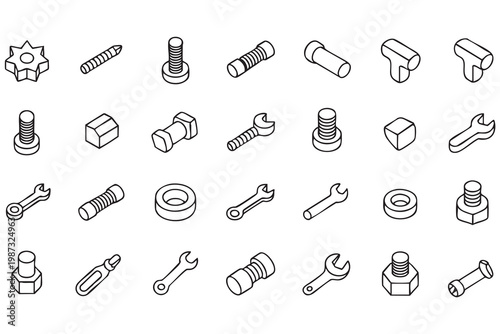 Hardware tools line icon set with bolts screws nuts and wrenches for construction, repair, and engineering services