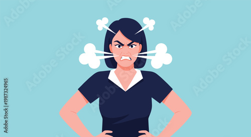 Angry woman expresses intense frustration and rage with cartoon steam clouds coming out of her ears against a blue background.