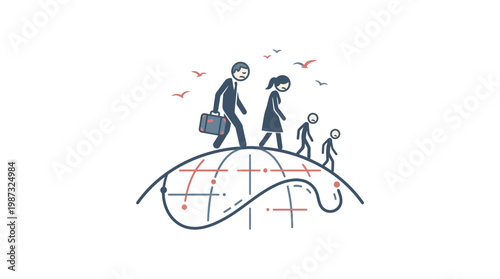 Family Walking Across the Globe Towards a Business Destination
