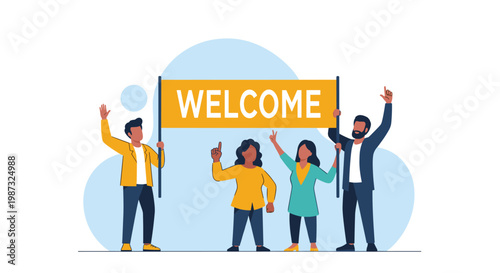 Diverse group of multiethnic people standing together and holding a large yellow welcome banner to greet visitors or new members.