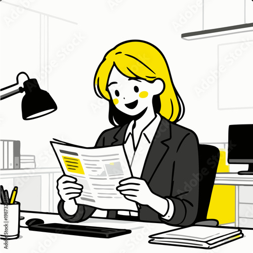 Minimalist flat vector illustration a smiling businesswoman reading a business report in an office
