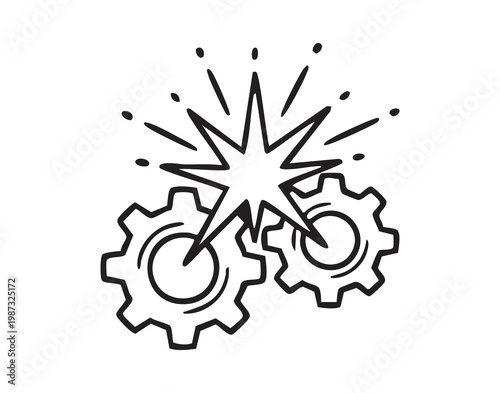 Metal gears striking generate bright spark and mechanical motion, engineering concept sketch showing collision, industrial innovation, workshop energy and problem solving mood, precision components