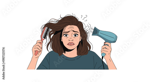 Stressed woman with messy hair looks frustrated while trying to style her hair with a round brush and a blue electric hair dryer.