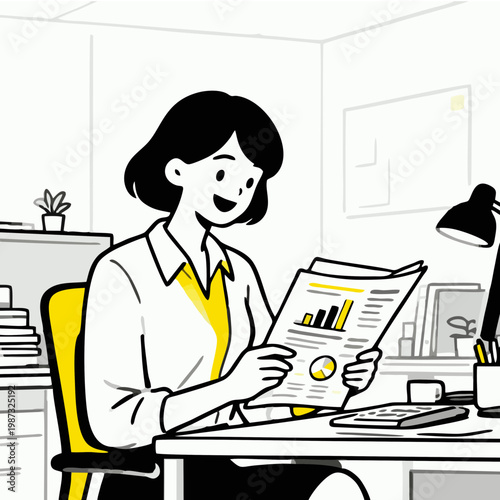 Minimalist flat vector illustration a smiling businesswoman reading a business report in an office