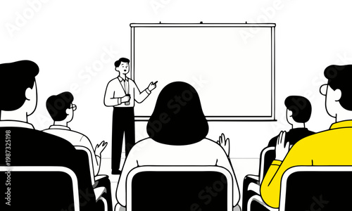 Minimalist flat vector illustration presenter standing in front of a large screen explaining something to an audience
