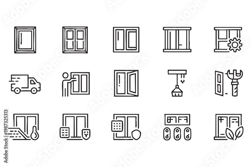 Window and door installation service icon set with repair tools, delivery, and maintenance symbols for construction use