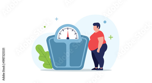 Overweight man in a red shirt standing next to a giant bathroom scale reflecting on his body weight and health goals.