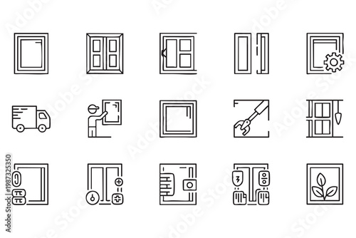 Home window and door repair line icon set with sliding frames, security, and installation service elements