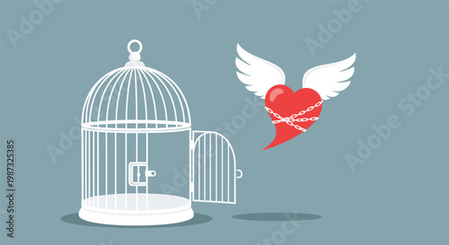 Red heart with white wings and silver chains around it escapes from an open birdcage to find freedom and true love.